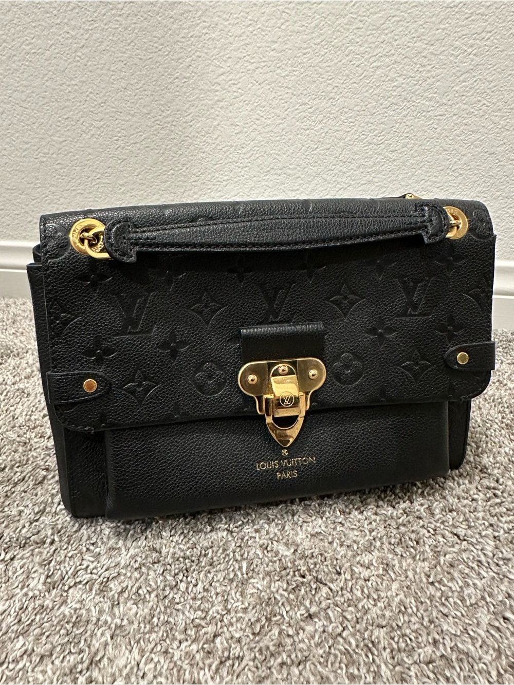 Louis Vuitton Black Monogram Embossed Leather Satchel with Gold Hardware